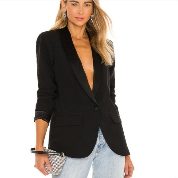 Amanda Uprichard Jane Blazer in Black Revolve Satin Collar L - Picture 1 of 9